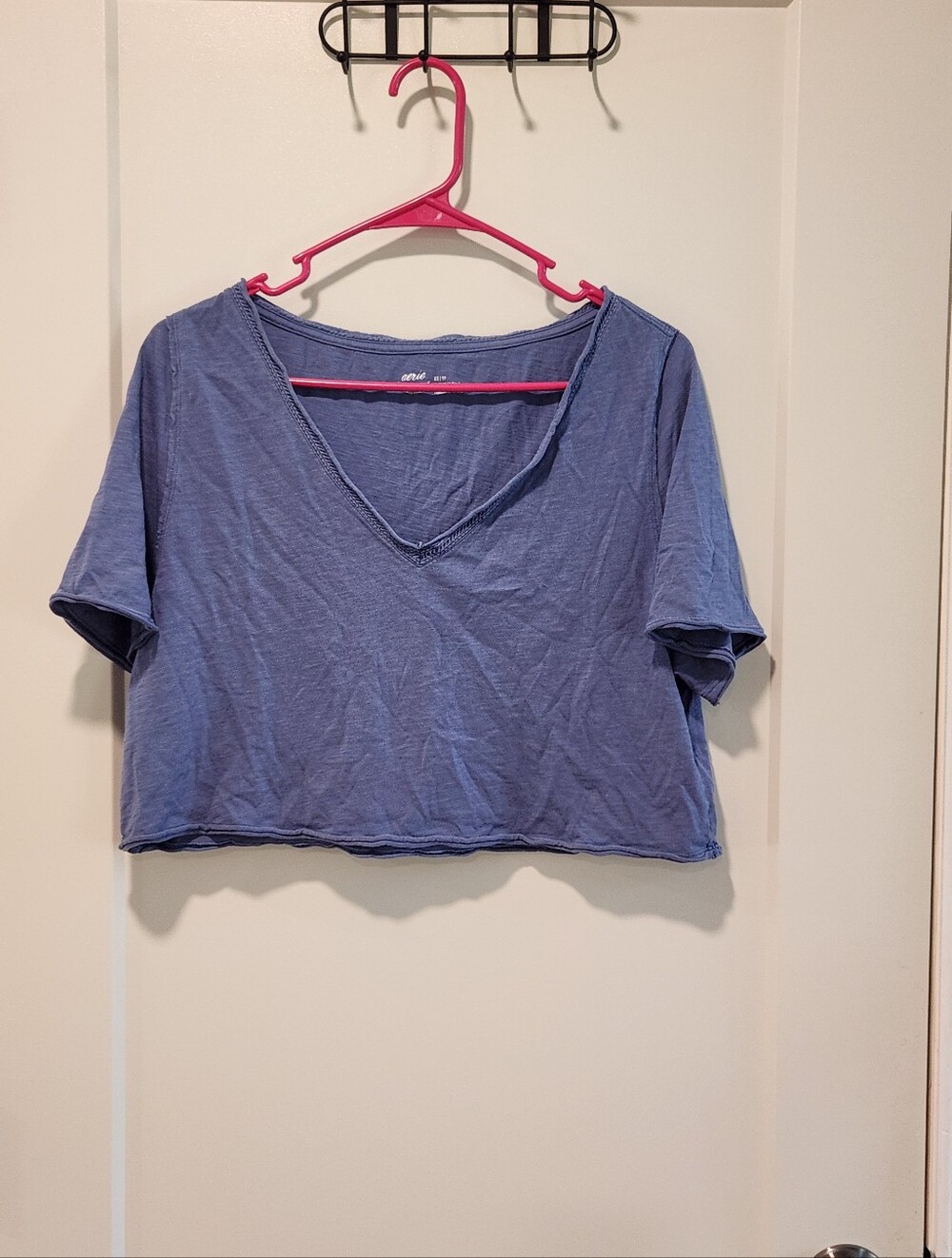 Aerie Blue Relaxed Crop Top Crochet Lace Trim V-Neck Raw Hem XS